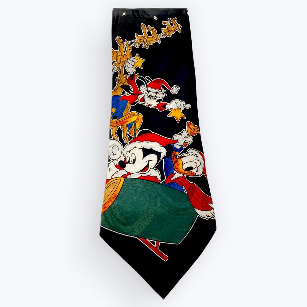 Mickey Unlimited Christmas Tie Disney Goofy Donald Duck Black Red Green Silk